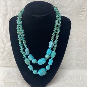 Turquoise‎ Southwestern Necklace Two Strand Chunky Bead Boho Statement Rodeo 90g